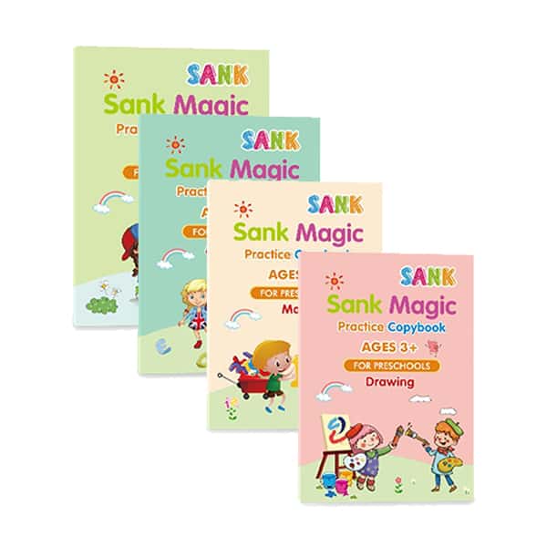 4 zeszyty ćwiczeń do pisania i rysowania magicznym piórem, napisy znikają po wyschnięciu, KidBook